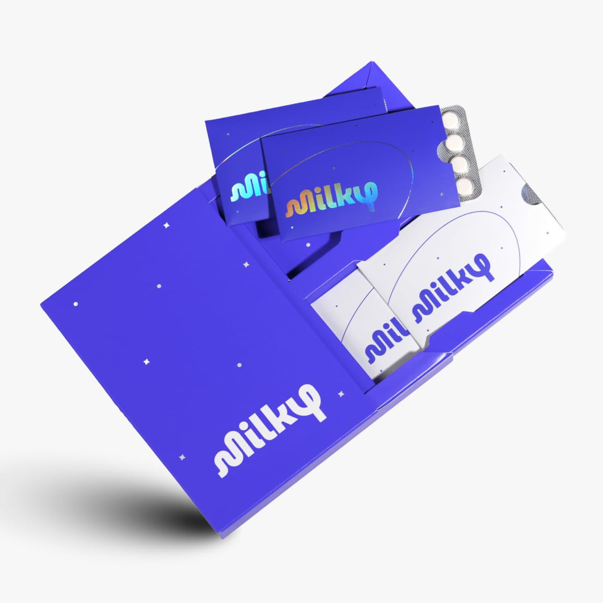 Milky vista frontal del envase mostrando presentación moderna y portabilidad