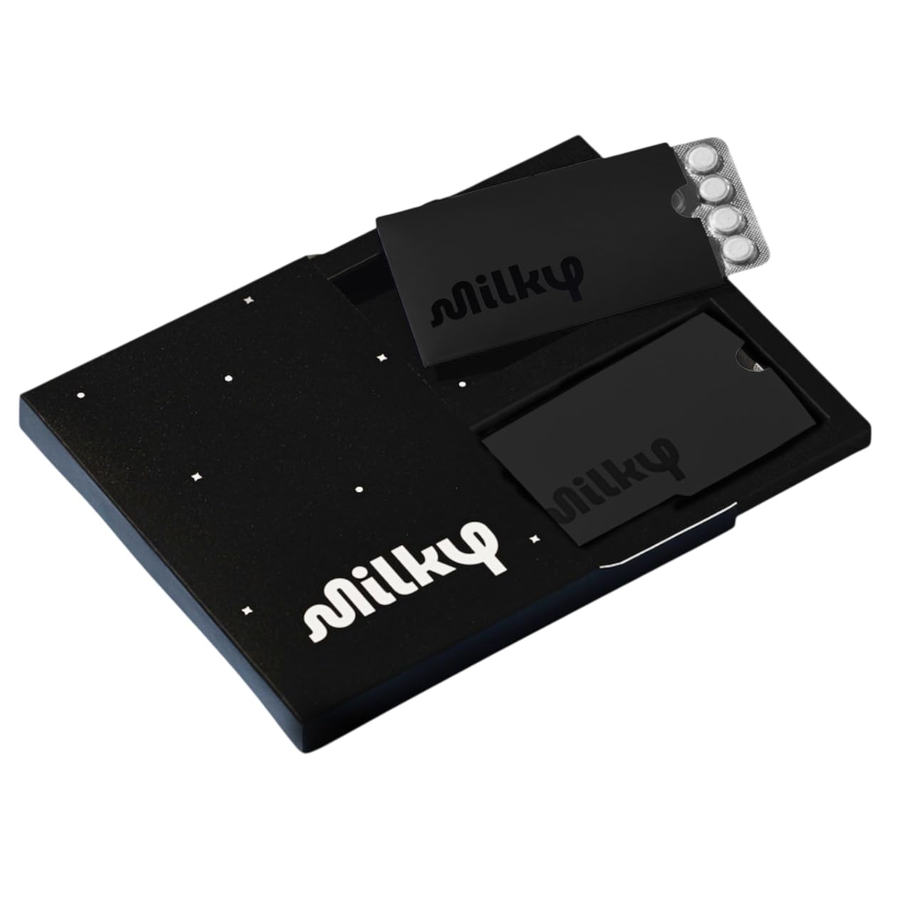 Milky frente del empaque mostrando diseño discreto y beneficios portátiles