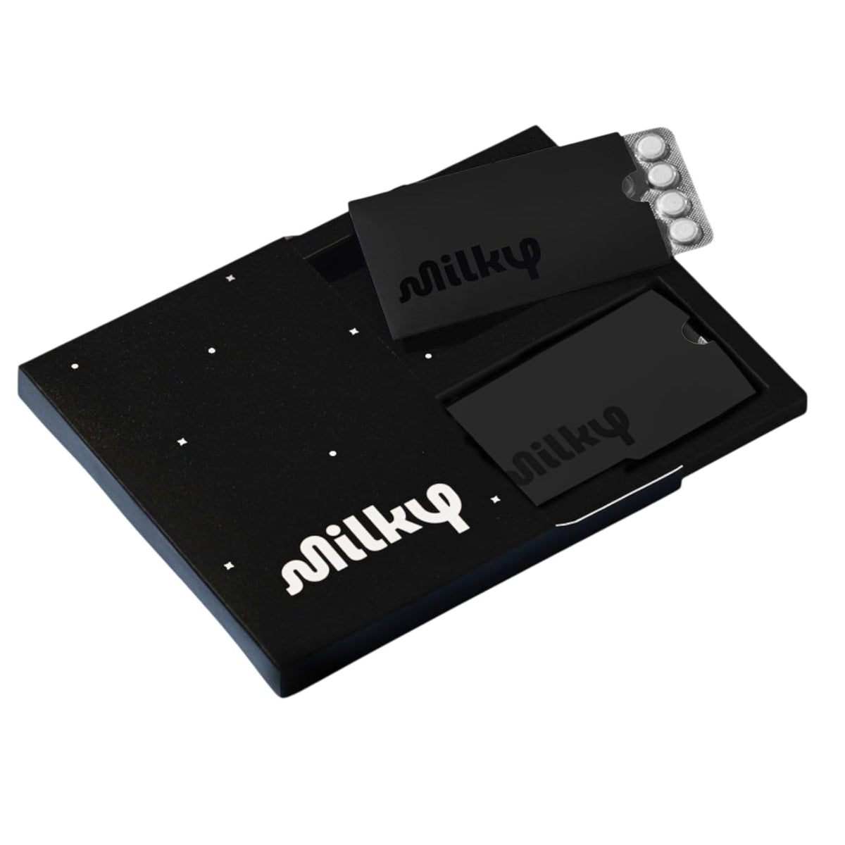 Milky frente del empaque mostrando diseño discreto y beneficios portátiles