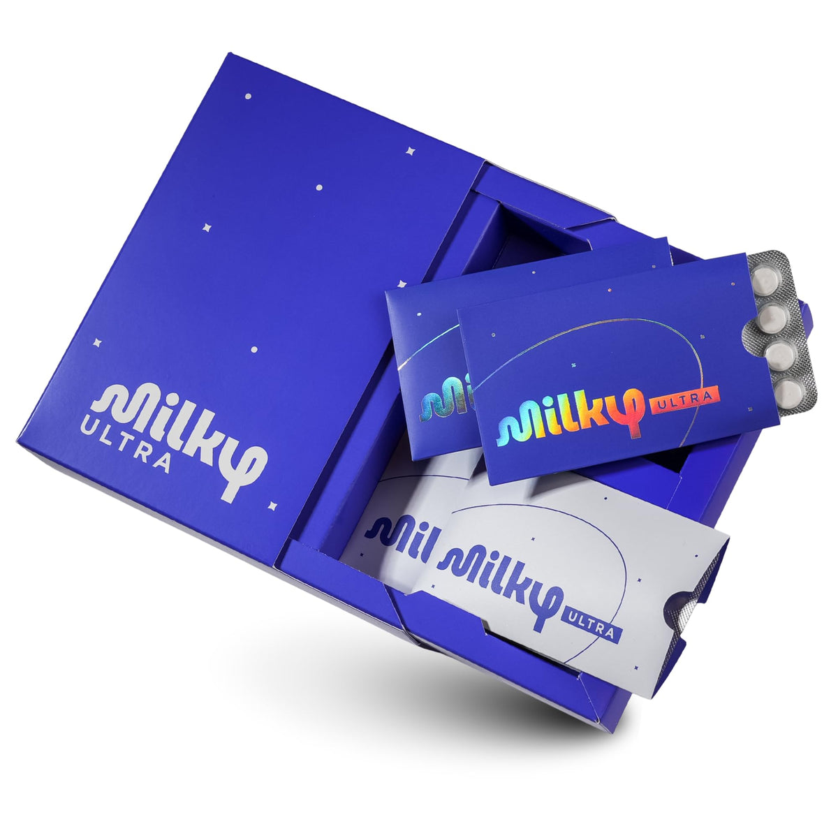 Milky Ultra frontal del paquete mostrando diseño y beneficio portátil