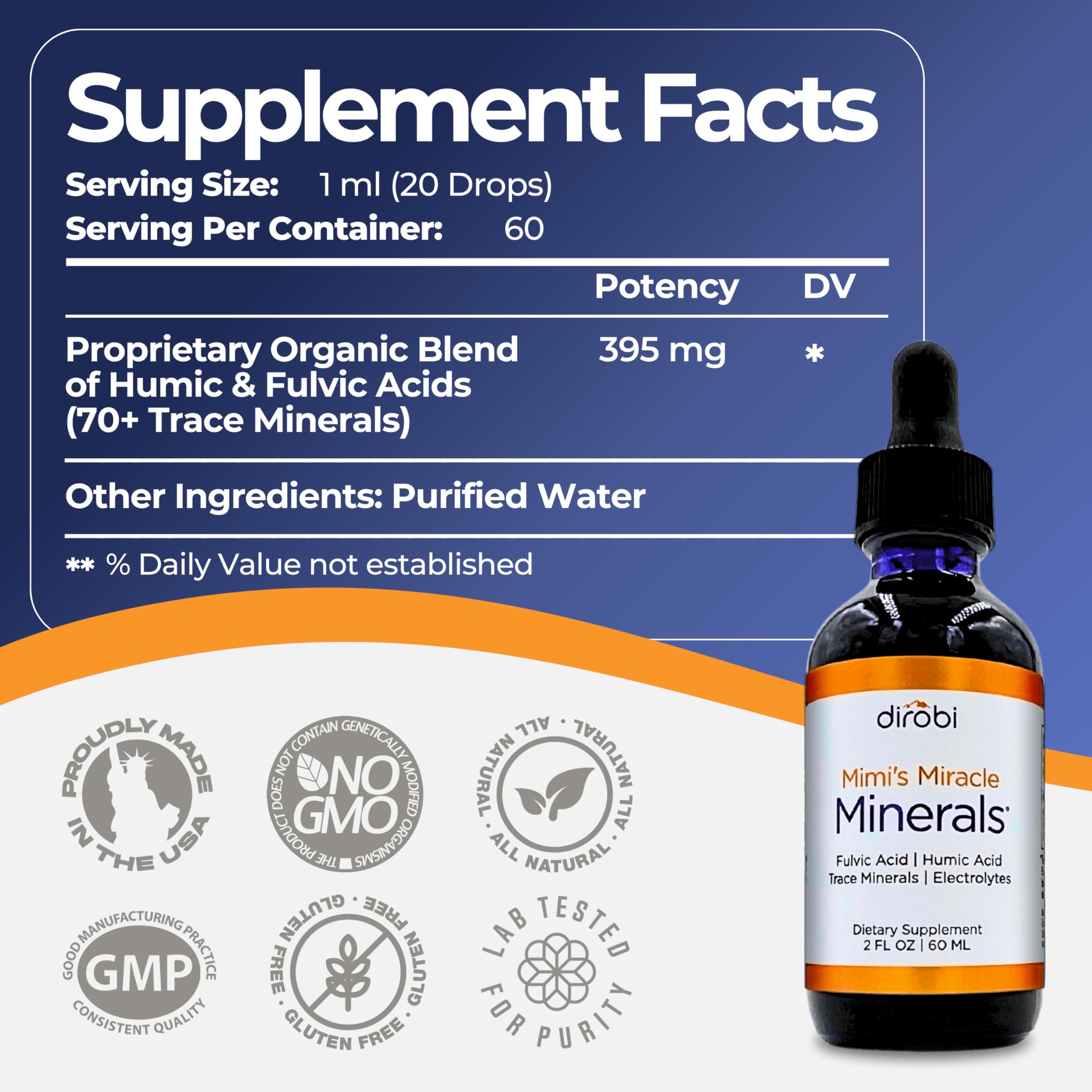 Mimi's Miracle Minerals botella junto a medida para comparar tamaño y duración