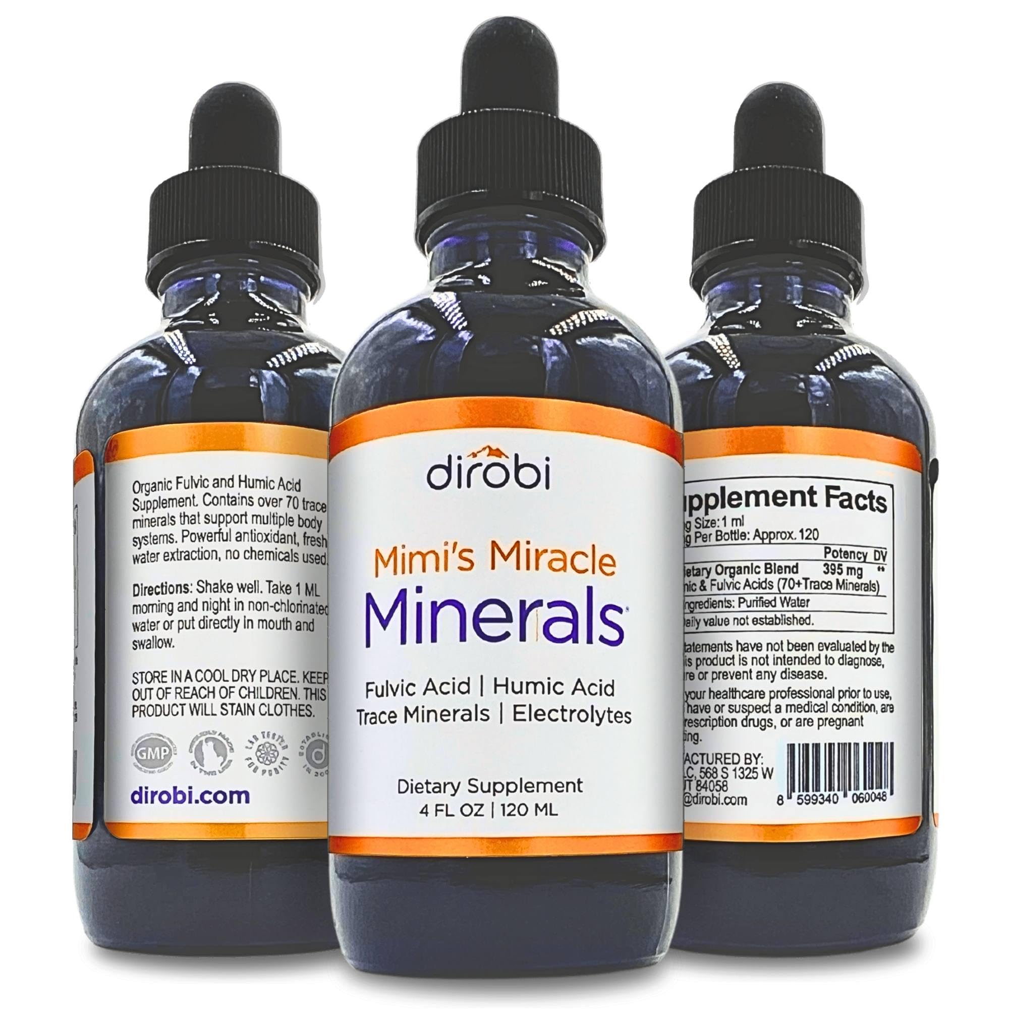 Mimi's Miracle Minerals botella frontal mostrando etiqueta clara y beneficios