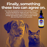 Mimi's Miracle Minerals adulto aplicando gotas y mascota al lado, uso familiar seguro