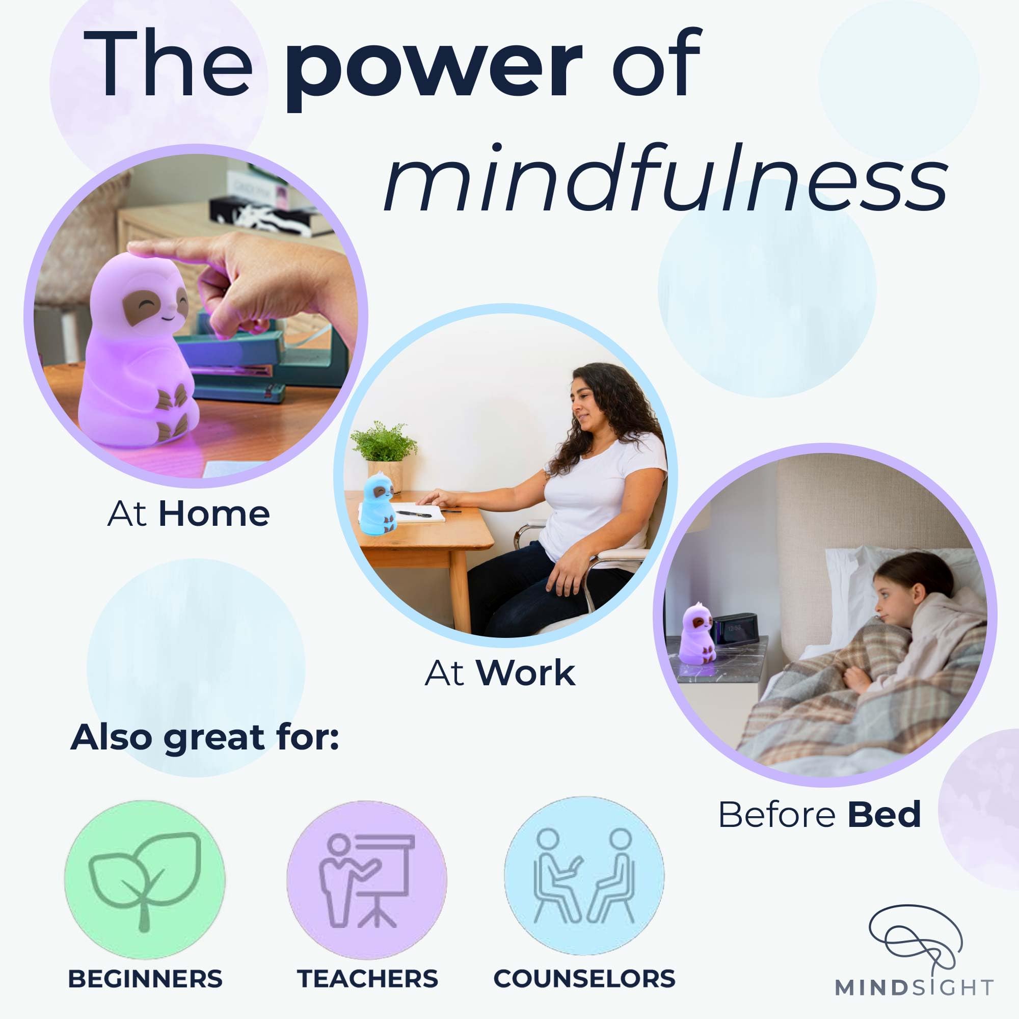 Mindsight Breathing Buddha en mesita de noche con luz tenue, favorece rutina de calma