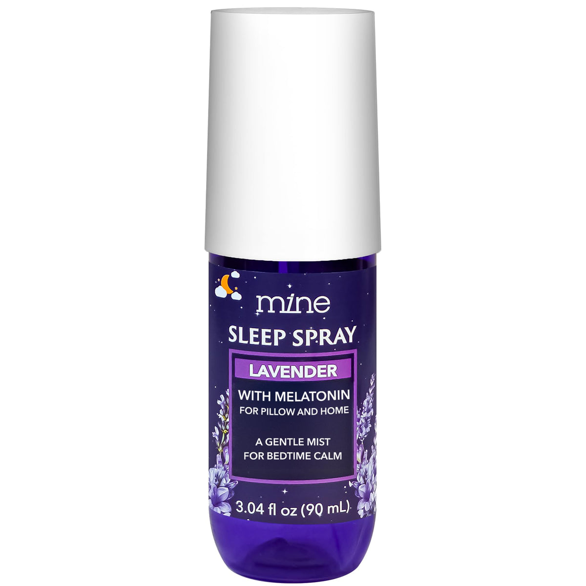 Mine envase frontal del spray de lavanda mostrando diseño y practicidad