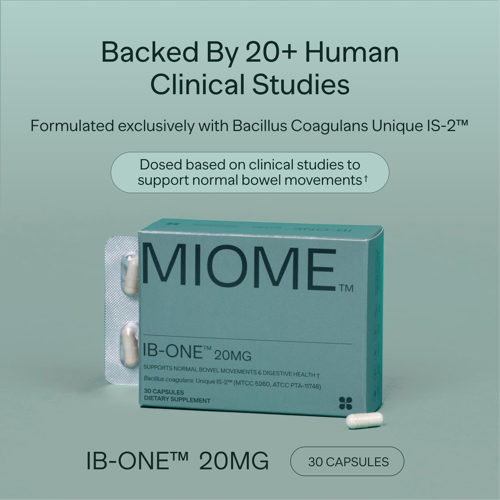 MIOME IB-ONE cápsula en primer plano indicando fácil ingesta y potencia