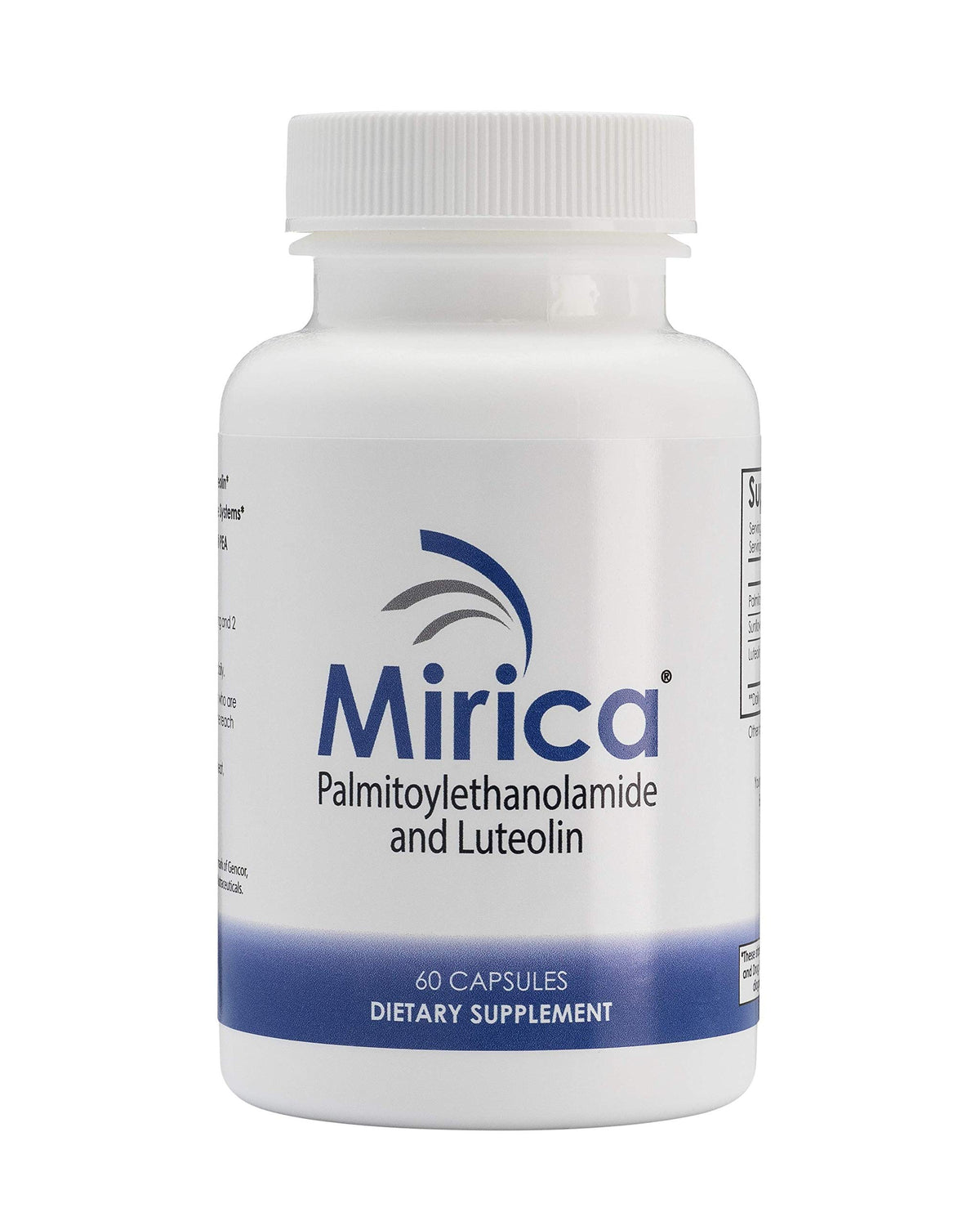 Mirica envase frontal mostrando marca y 60 cápsulas, beneficio pureza
