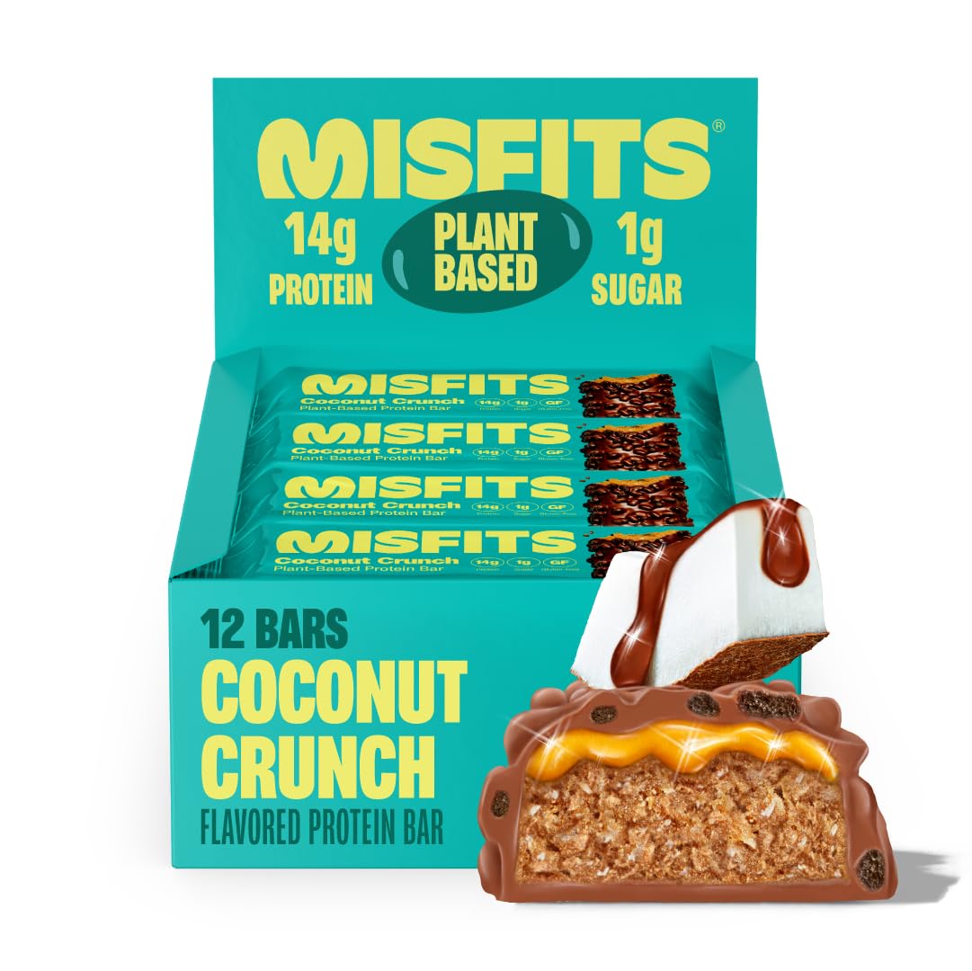 Misfits vista frontal del paquete y barrita, sabor coco y chocolate, ideal para llevar