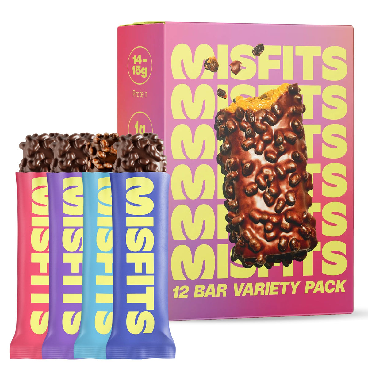 Misfits empaque frontal mostrando variedad de sabores y beneficios nutricionales