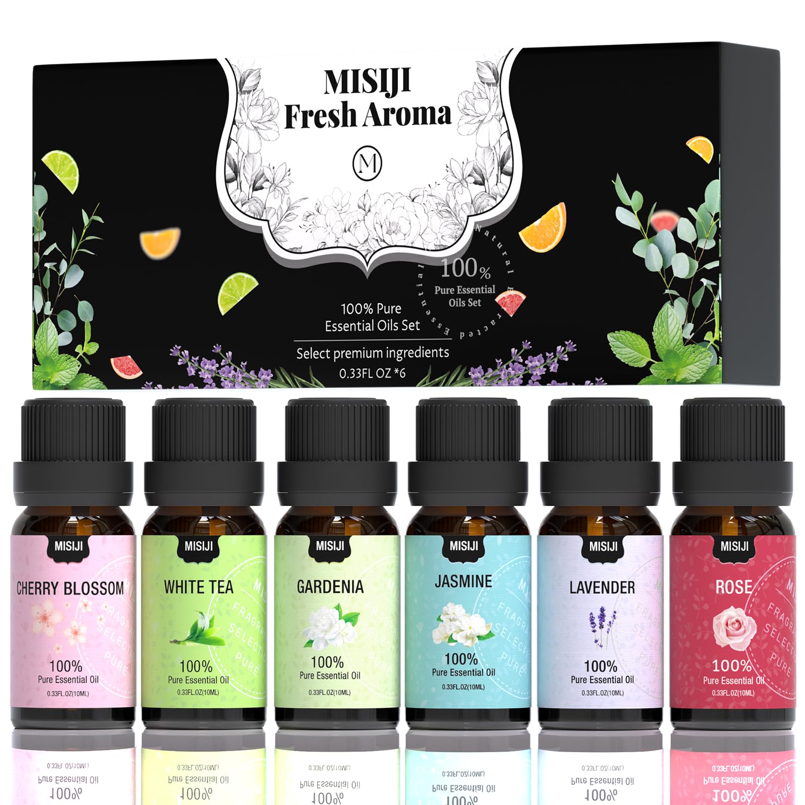 MISIJI vista frontal del set de 6 aceites esenciales, solución versátil para hogar