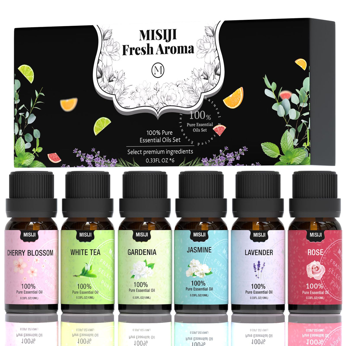 MISIJI vista frontal del set de 6 aceites esenciales, solución versátil para hogar