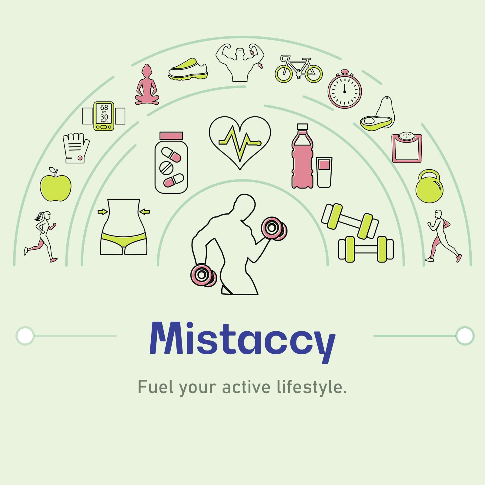 Mistaccy caja y botella en escena de estilo de vida saludable
