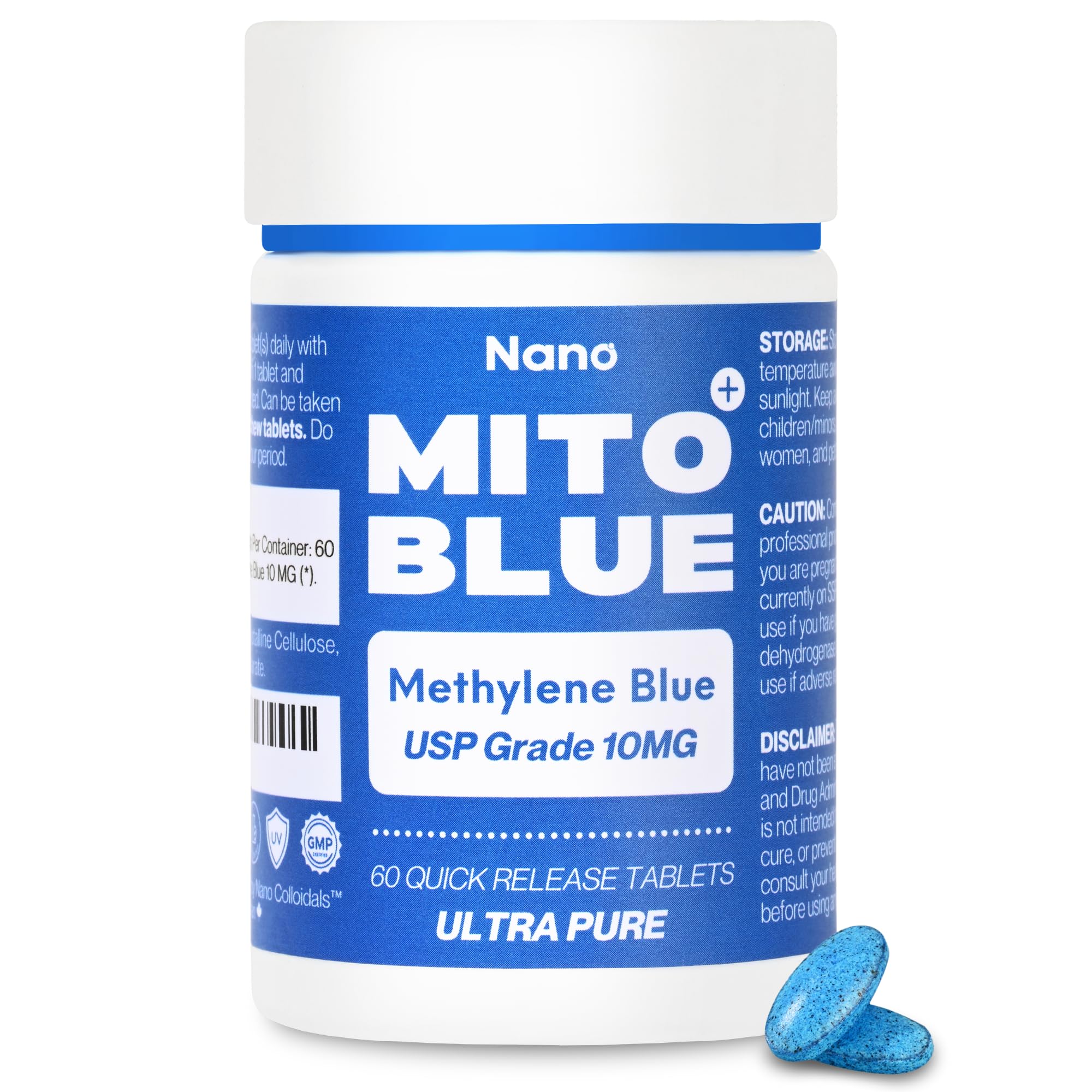 MIT0BLUE frasco delantero claro mostrando etiquetado y beneficio de pureza