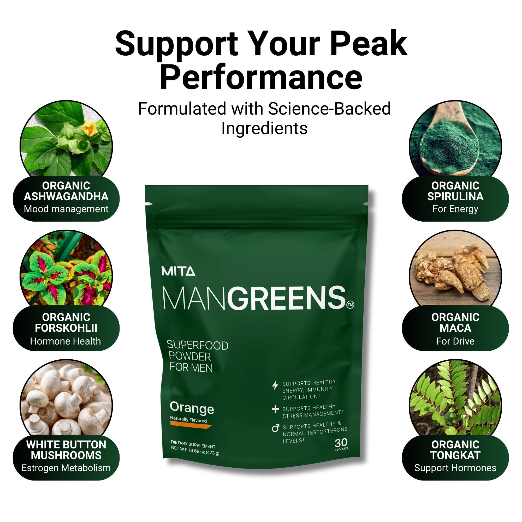 MITA Nutra polvo Man Greens en cuchara mostrando textura fina y fácil mezcla