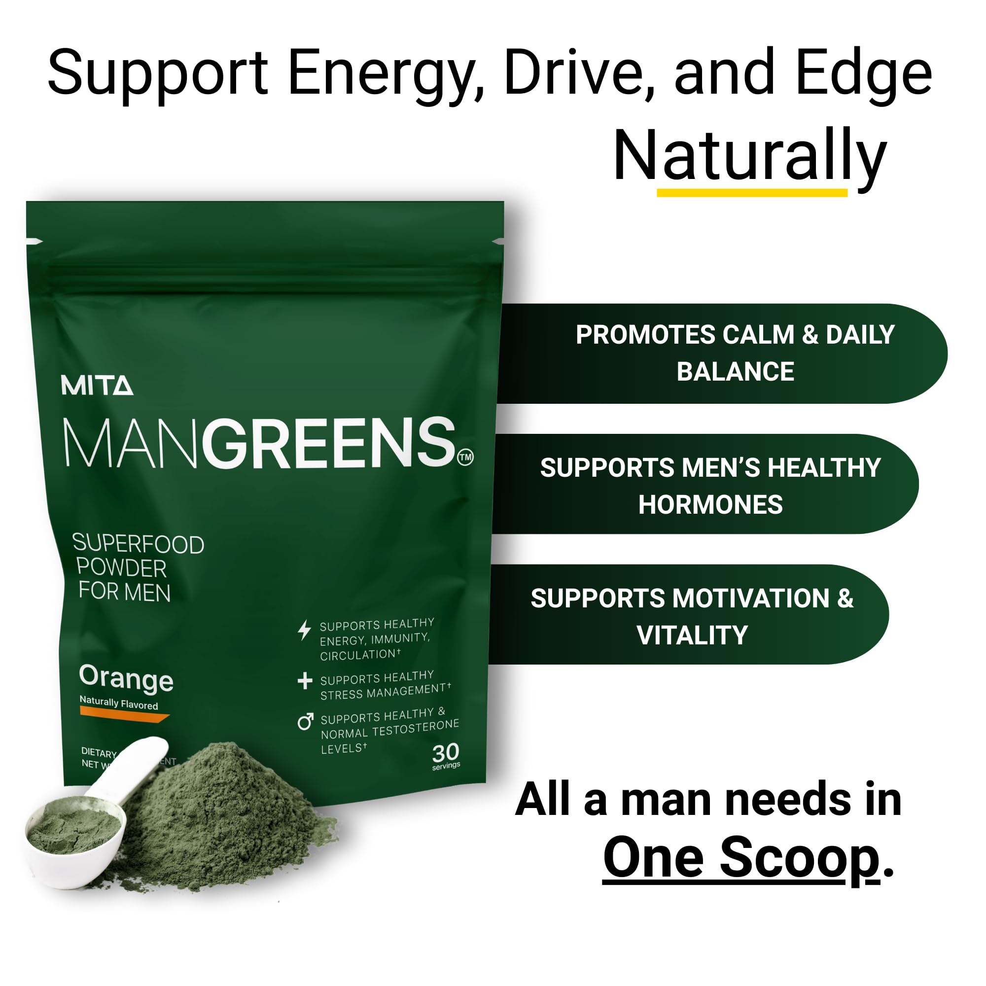 MITA Nutra etiqueta nutricional de Man Greens con dosis transparentes visibles