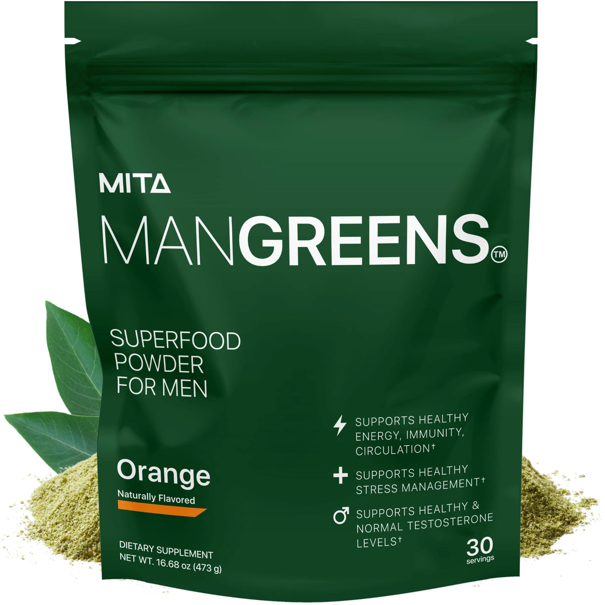 MITA Nutra frasco Man Greens frontal mostrando el envase y sabor naranja