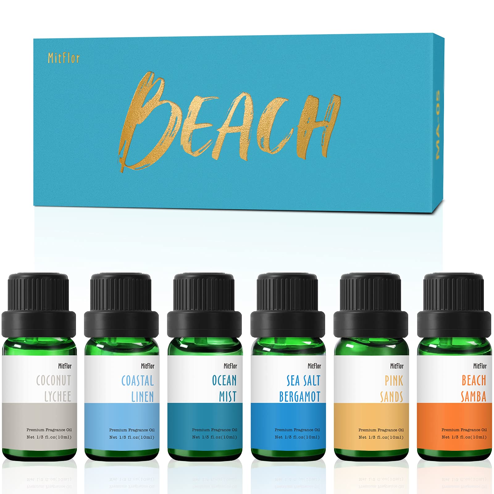 MitFlor pack frontal de seis aceites Beach, muestra variedad aromática