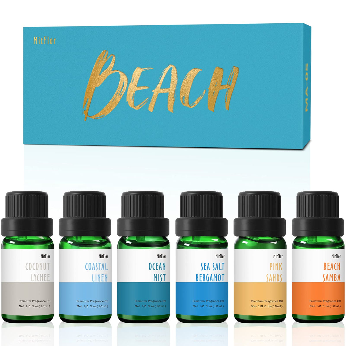 MitFlor pack frontal de seis aceites Beach, muestra variedad aromática