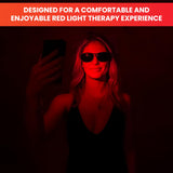 Mito Red Light gafas en uso frente a panel de terapia mostrando compatibilidad