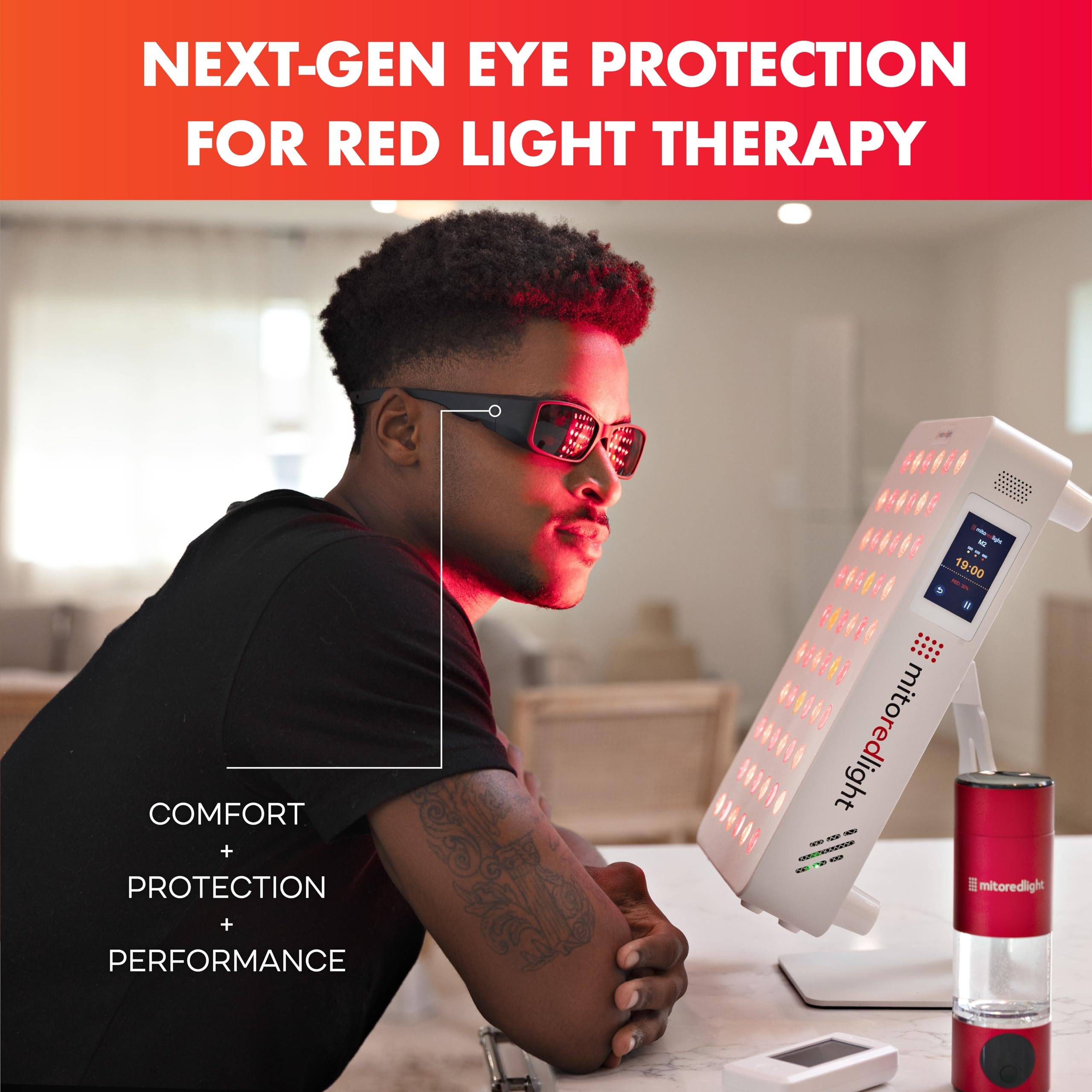 Mito Red gafas en uso durante sesión de luz roja con comodidad