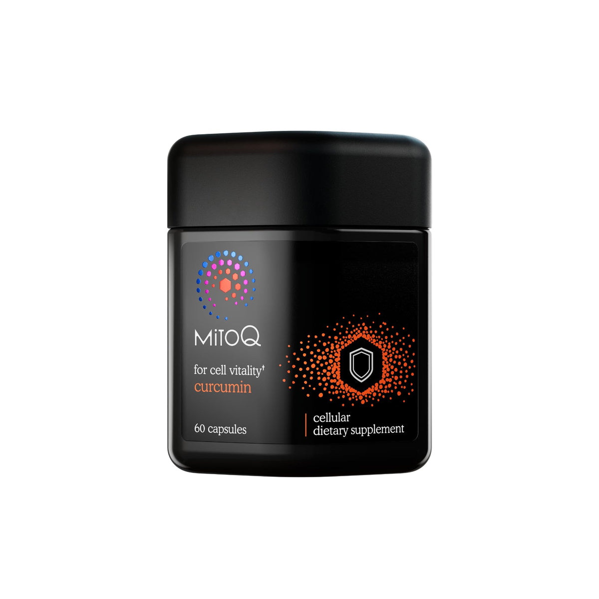 MitoQ frasco frontal del producto mostrando etiqueta clara y beneficios