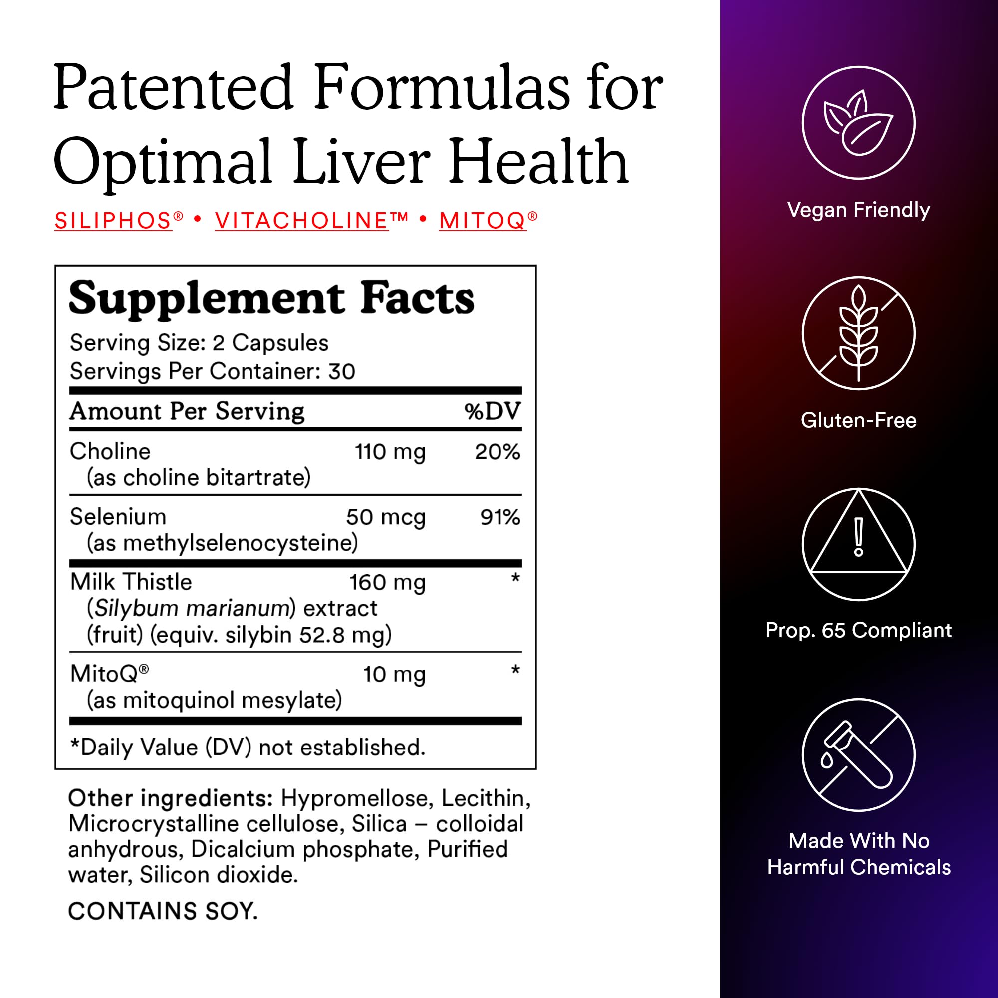 MitoQ etiqueta con lista de ingredientes clave y beneficios claros