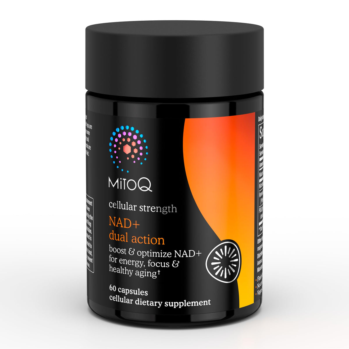 MitoQ botella frontal mostrando la marca y beneficios claros