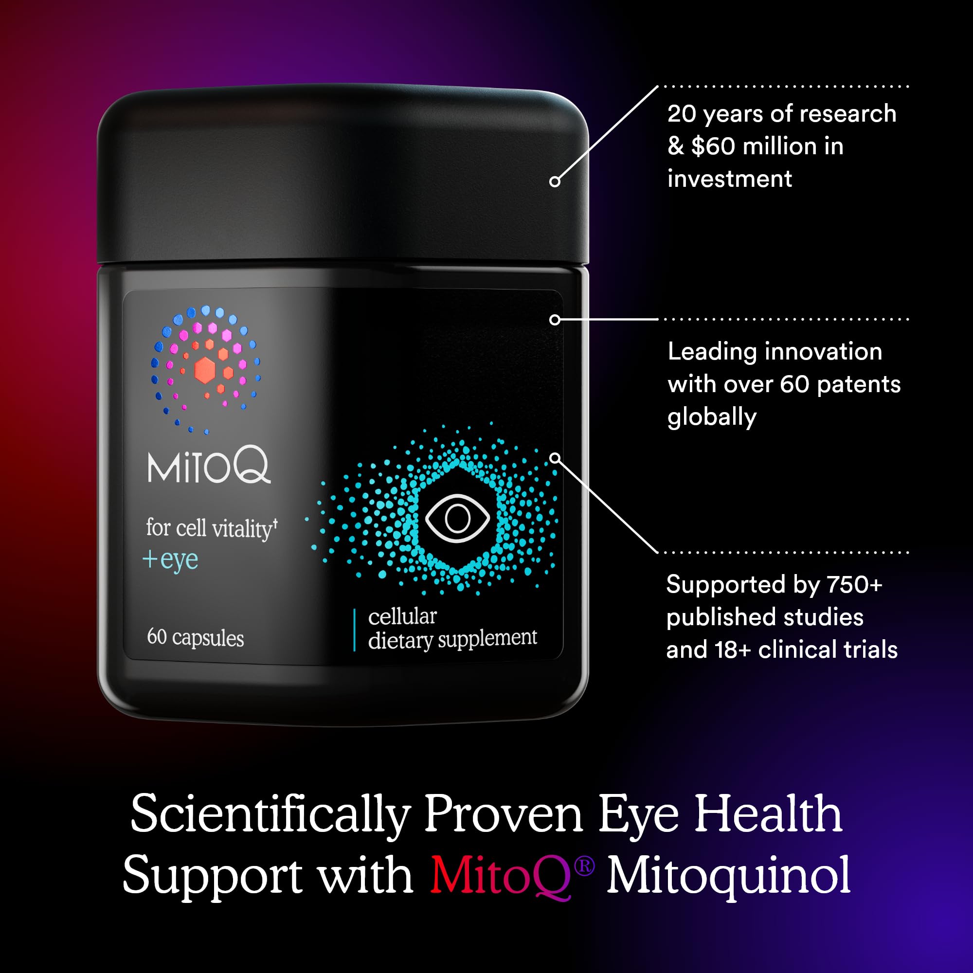 MitoQ +Eye botella en mano para comparar tamaño y dosificación