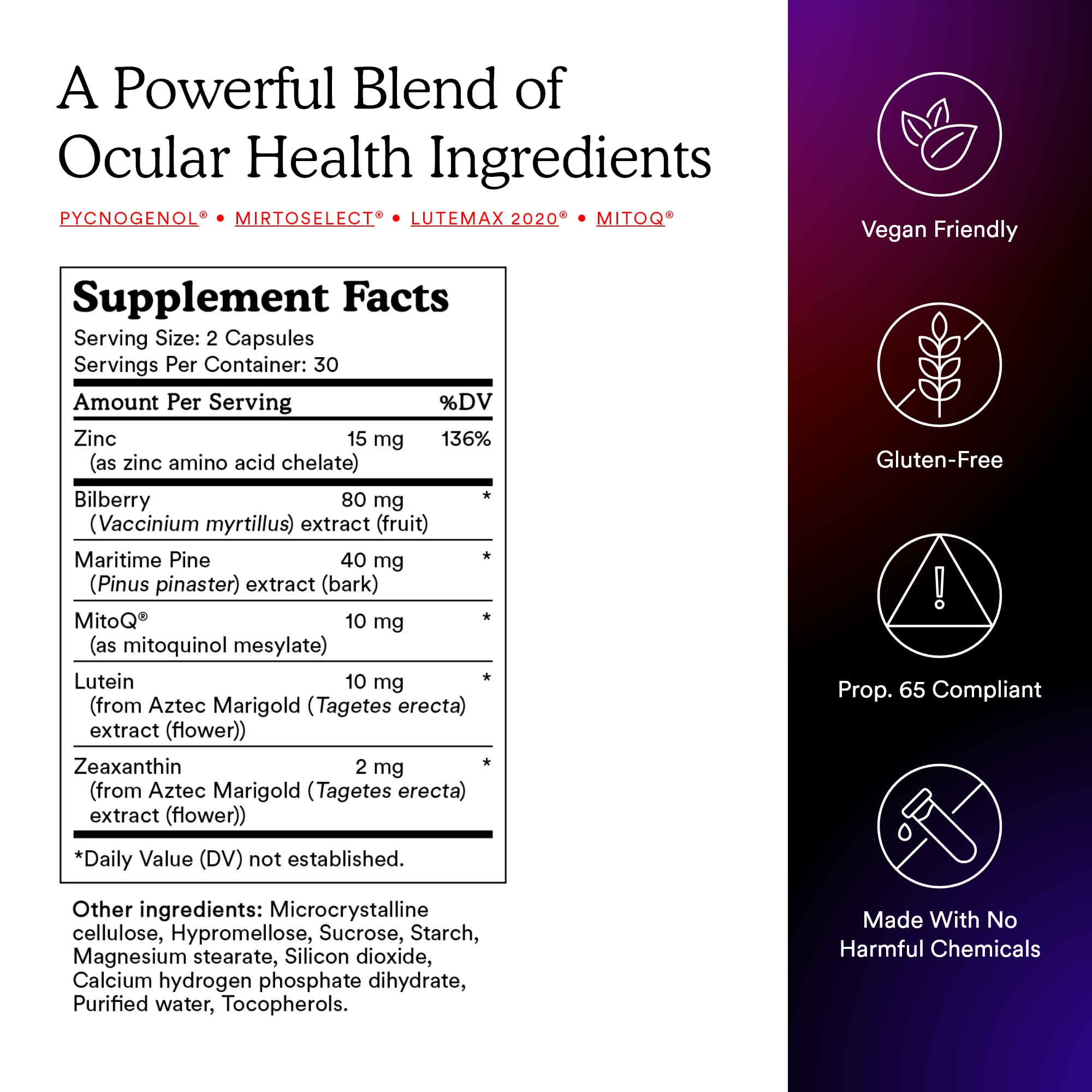 MitoQ +Eye etiqueta con ingredientes clave para confianza del consumidor