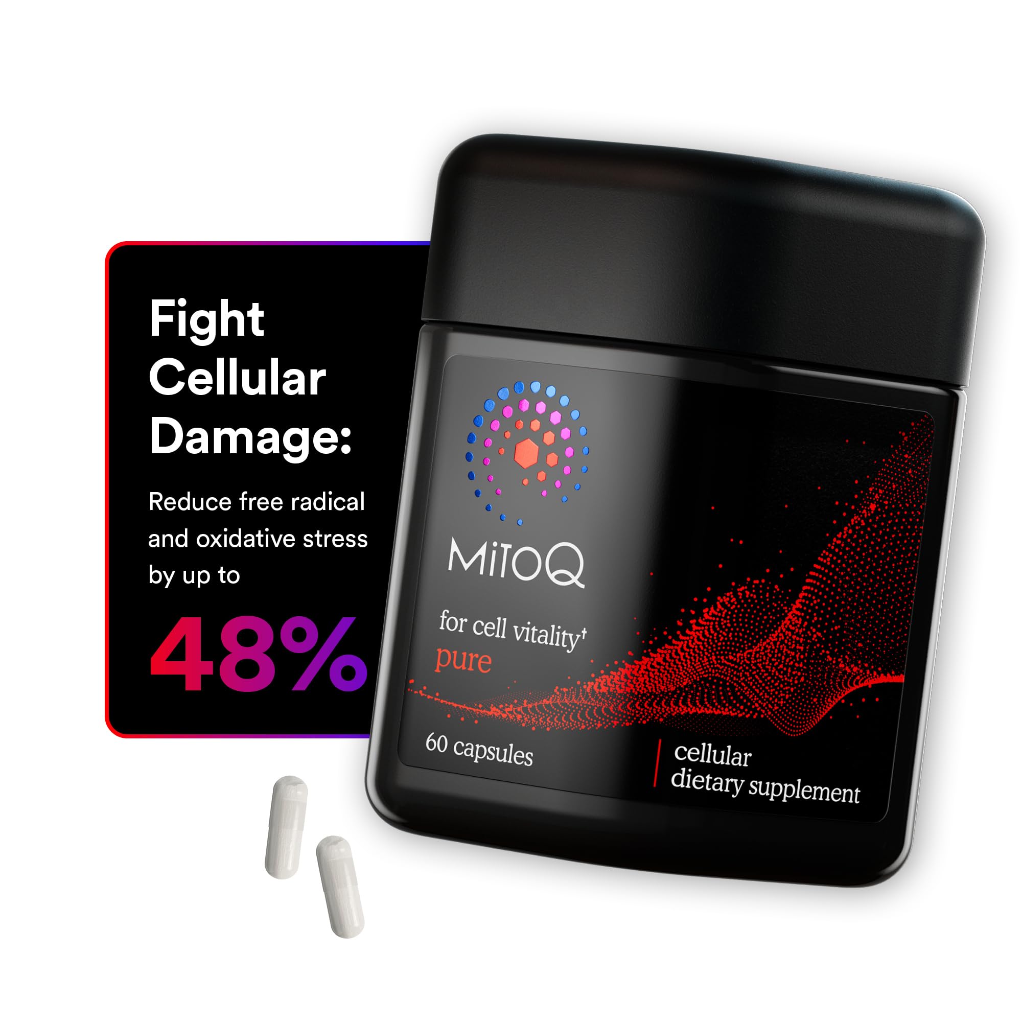 MitoQ envase frontal mostrando diseño y beneficio de biodisponibilidad