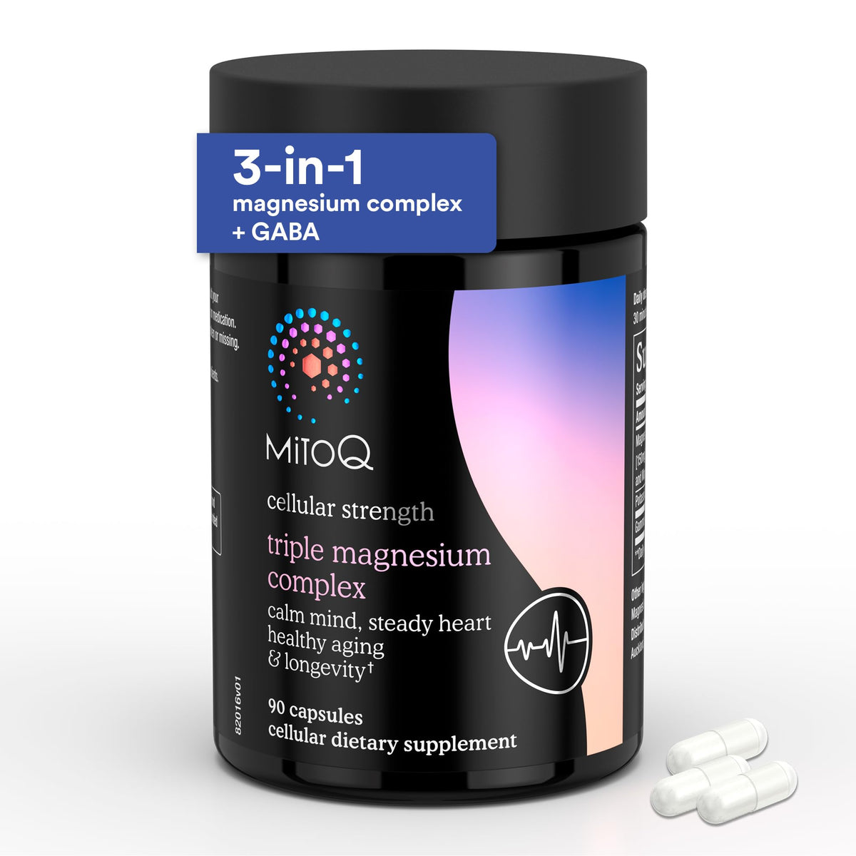 MitoQ bote frontal con diseño y 90 cápsulas mostrando confianza y efectividad