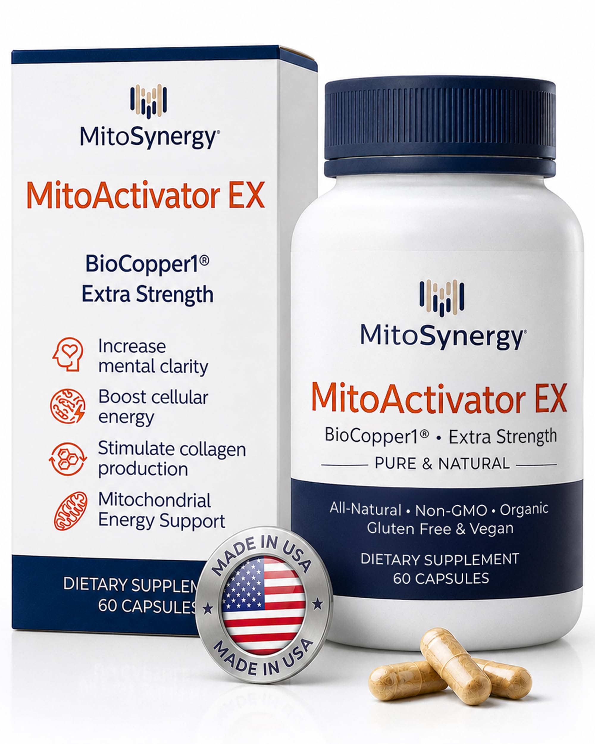 MitoSynergy frasco MitoActivator EX visto de frente, presentación clara y profesional