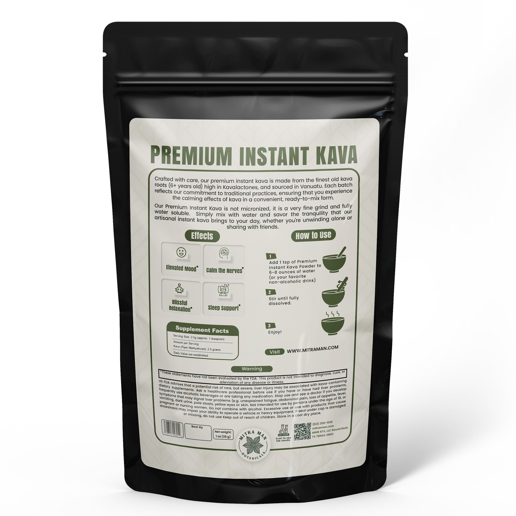 MITRAMAN BOTANICALS primer plano del polvo instantáneo mostrando textura fina y solubilidad