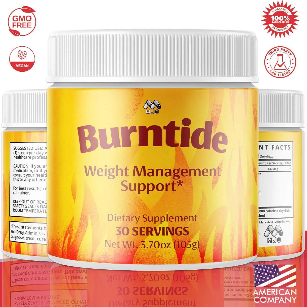MJO Burntide Powder textura del polvo en cuchara, ingredientes naturales visibles