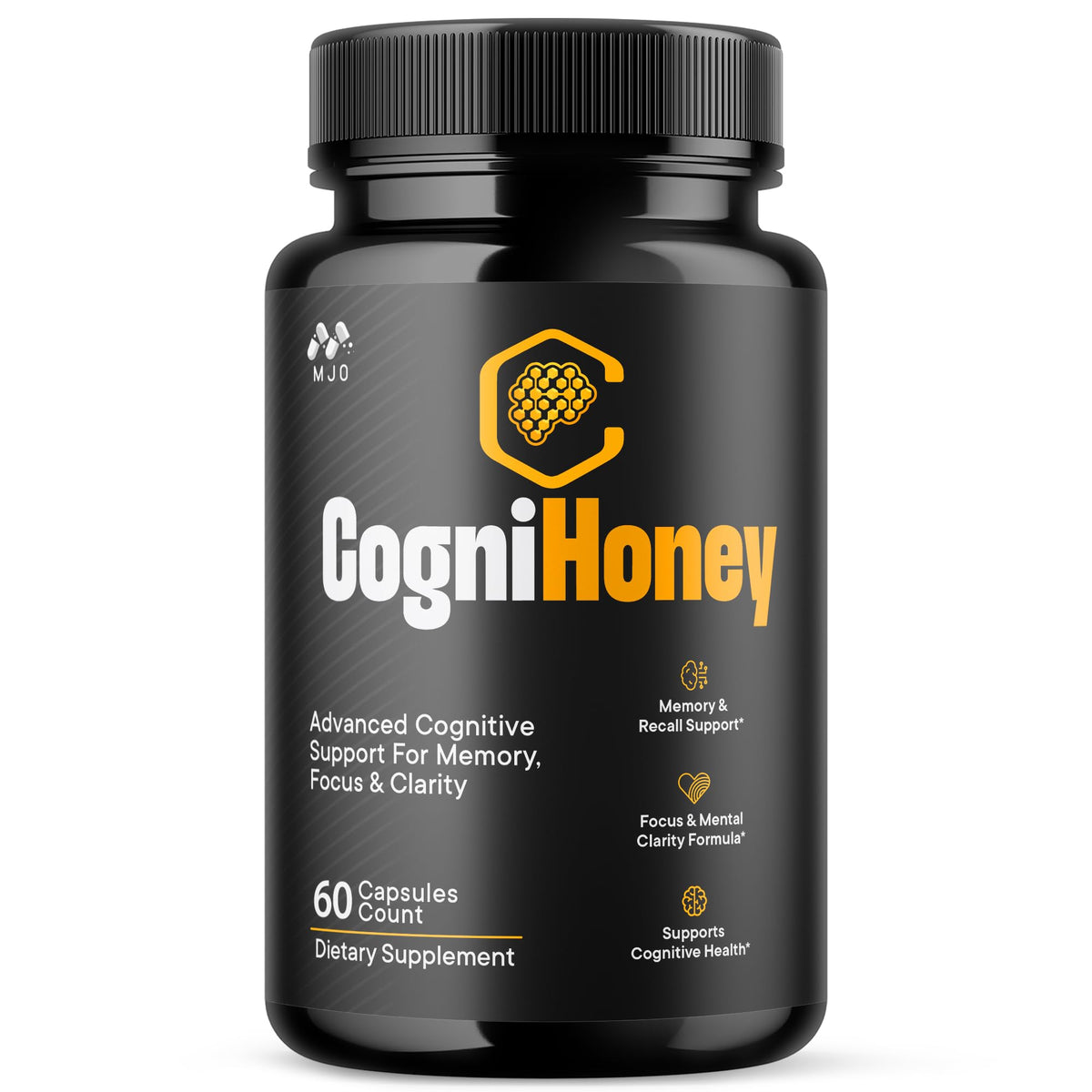 MJO frasco frontal mostrando CogniHoney y beneficio de apoyo mental