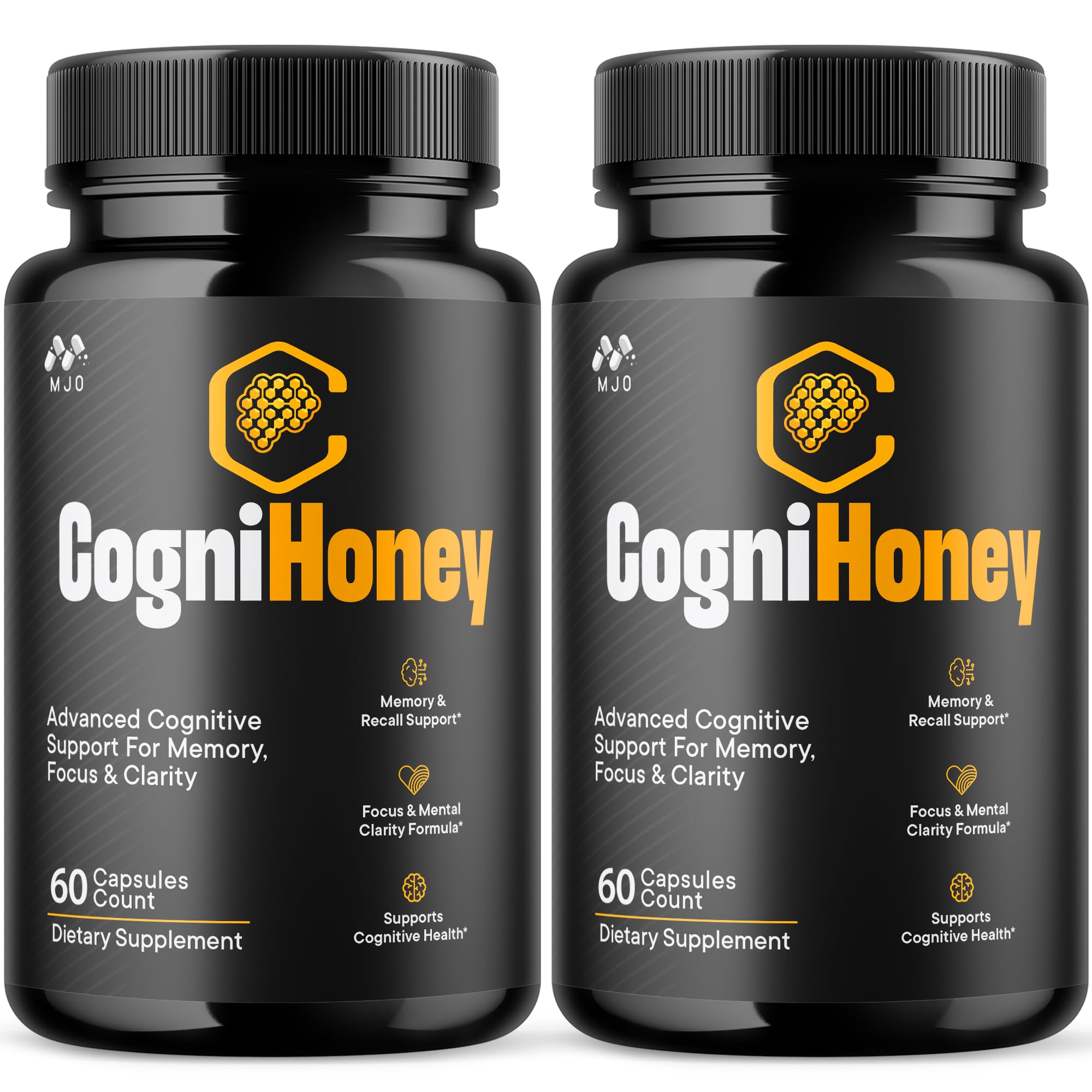 MJO CogniHoney frente del empaque mostrando suplemento y beneficio de apoyo cerebral