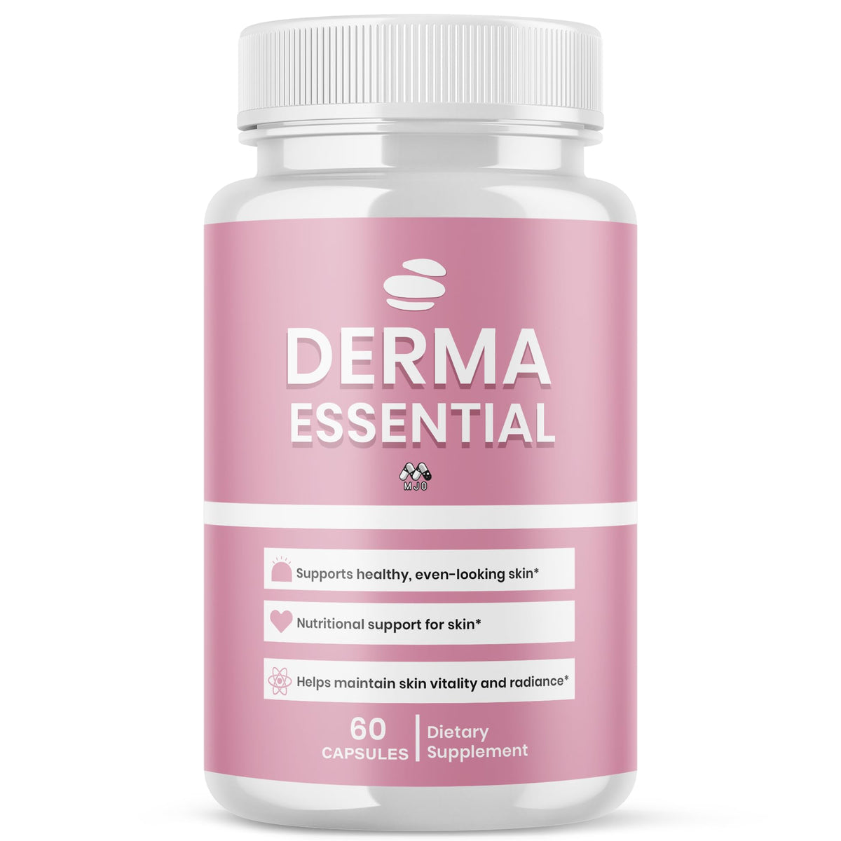 Frasco MJO Derma Essential Capsules frontal mostrando presentación y promesa de bienestar