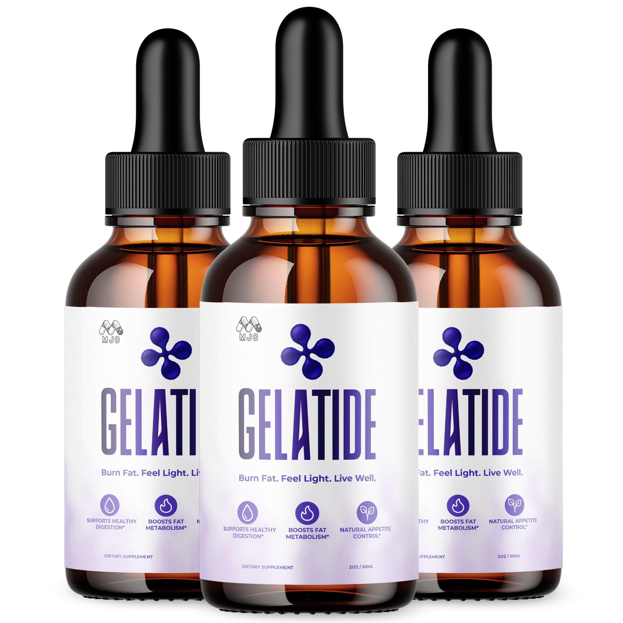 MJO Gelatide Drops vista frontal del frasco con etiqueta clara y beneficios