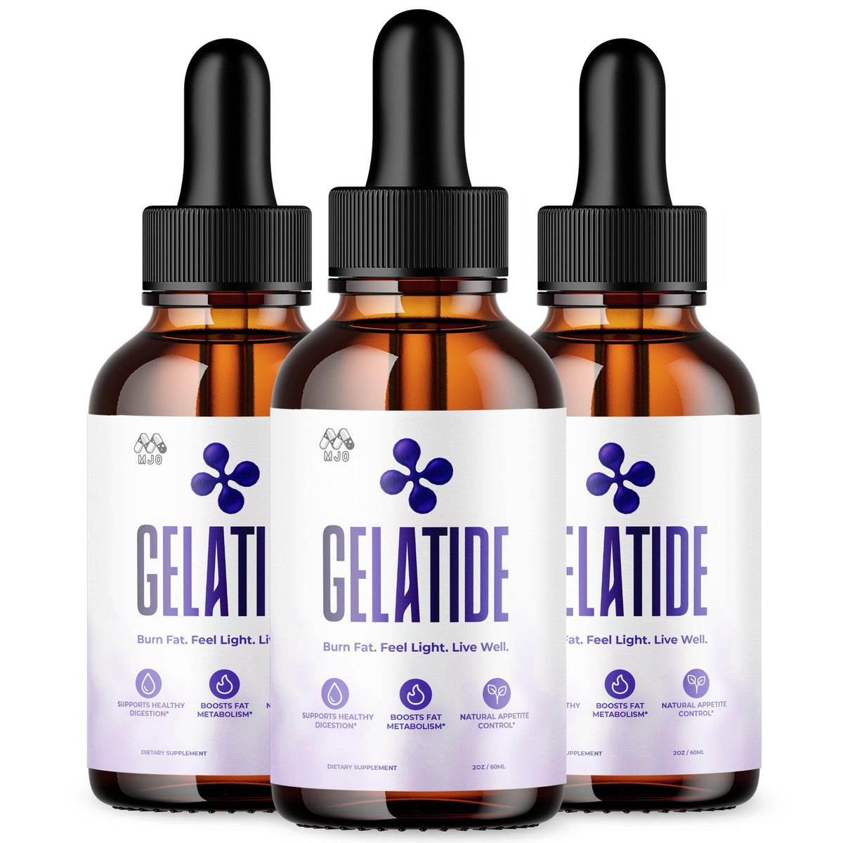 MJO Gelatide Drops vista frontal del frasco con etiqueta clara y beneficios
