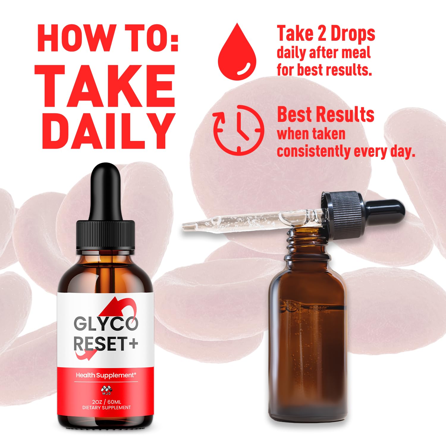 Comparación de tamaño MJO Glyco Reset Drops junto a una mano, útil para cálculo de porciones