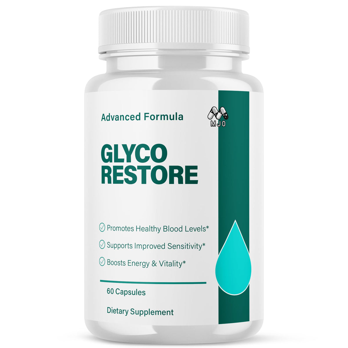 MJO envase frontal de Glyco Restore mostrando diseño y cantidad 60 cápsulas