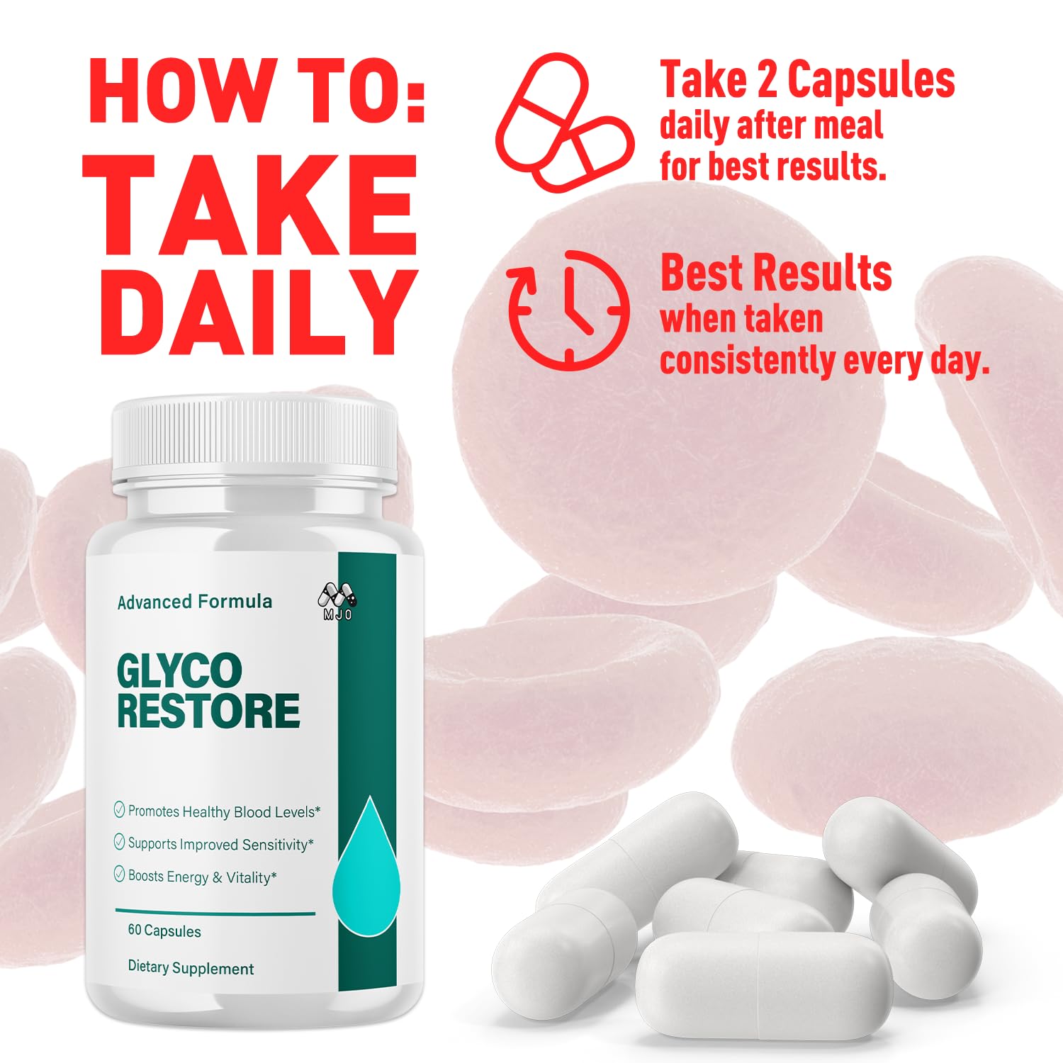 MJO escenario matutino con Glyco Restore junto a agua y desayuno saludable
