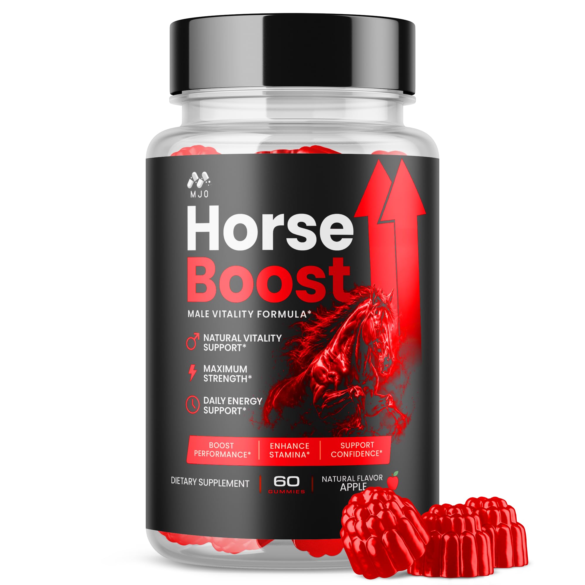 MJO frasco delantero que muestra Horse Boost y su presentación conveniente