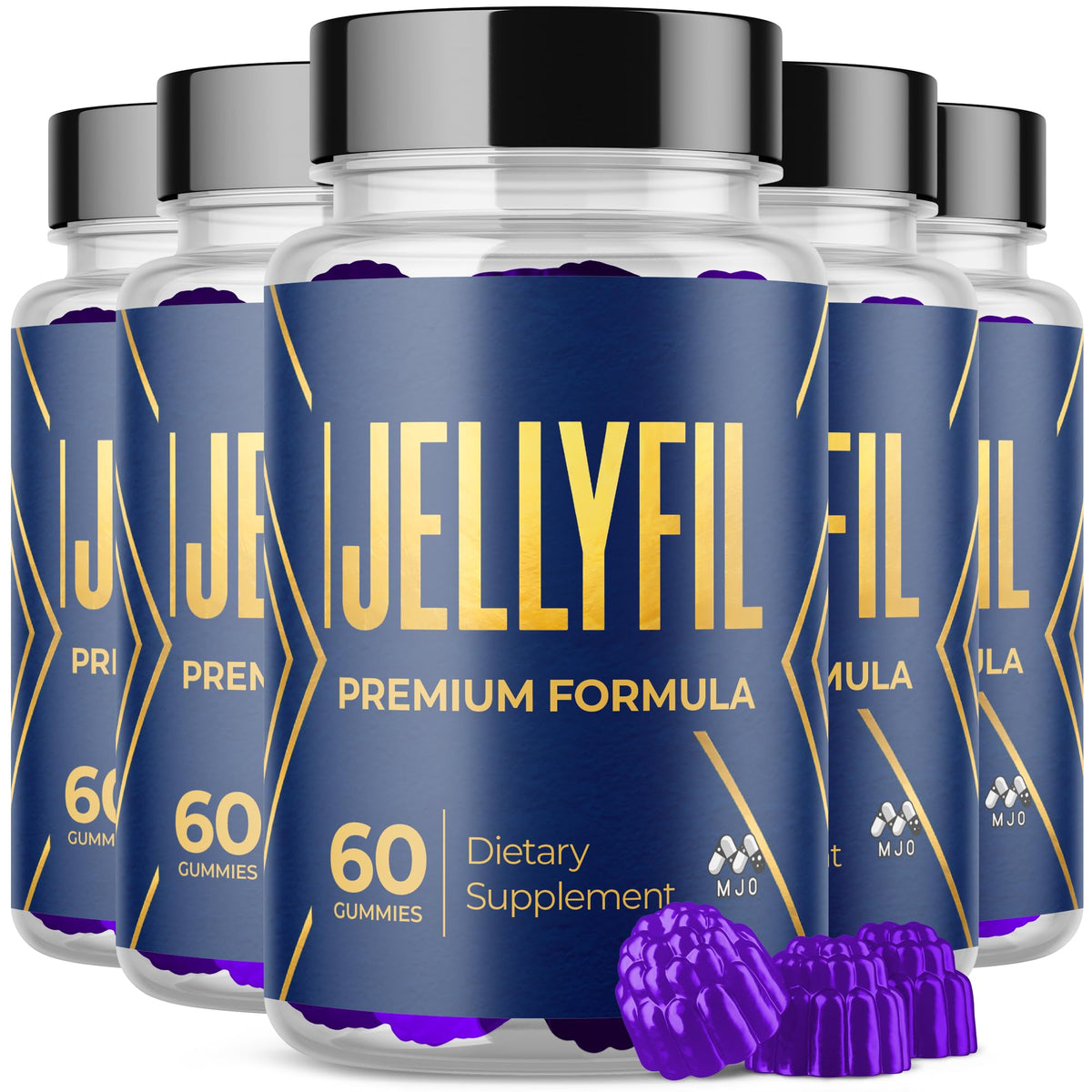 MJO Jellyfil Gummies frontal mostrando envase claro y beneficios visibles