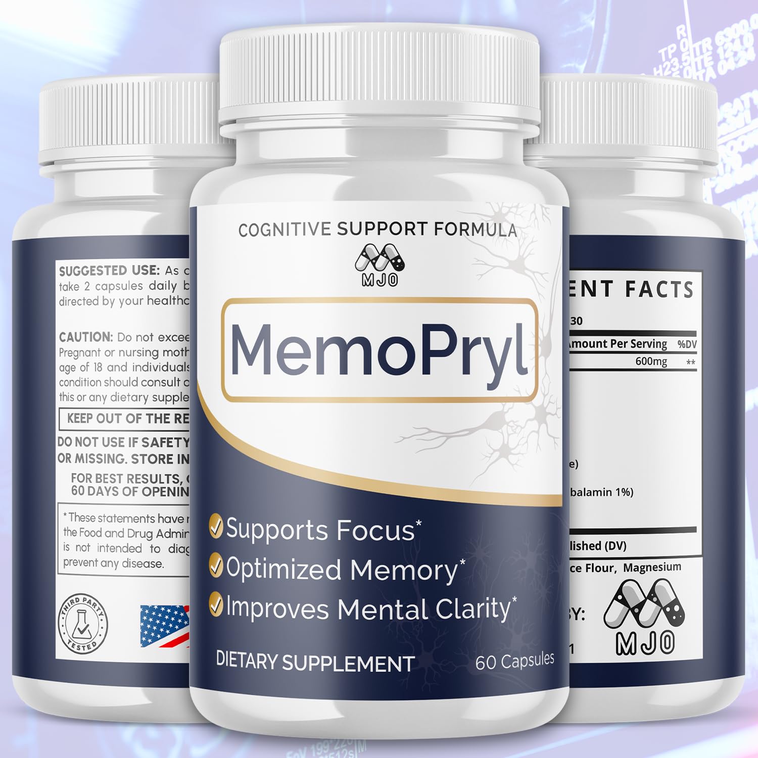 MJO Memopryl cápsulas en primer plano que muestran calidad y textura