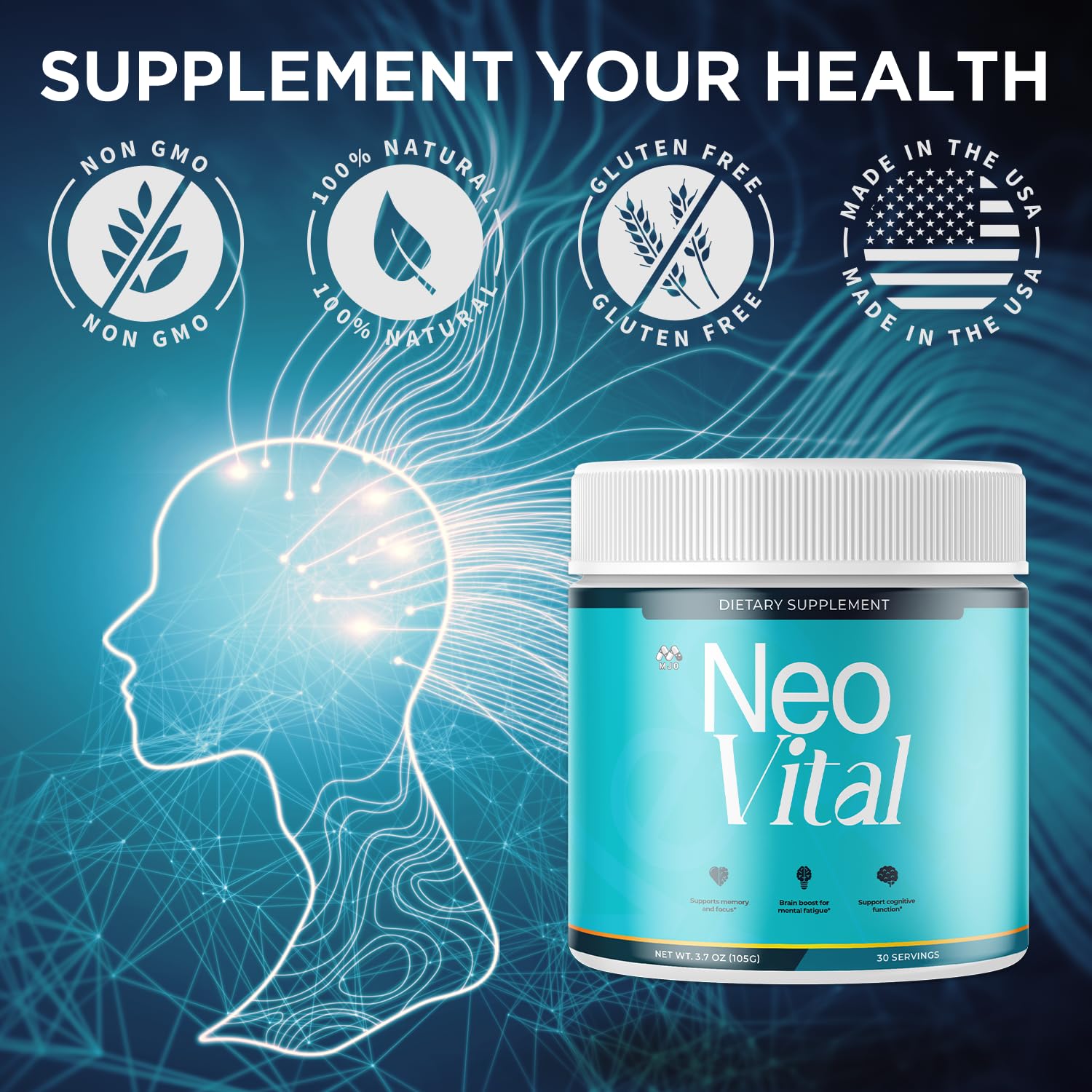 MJO Neo Vital Powder etiqueta con lista de ingredientes clara y detallada