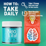 MJO Neo Vital Powder bote en mano para comparar tamaño y servir fácilmente