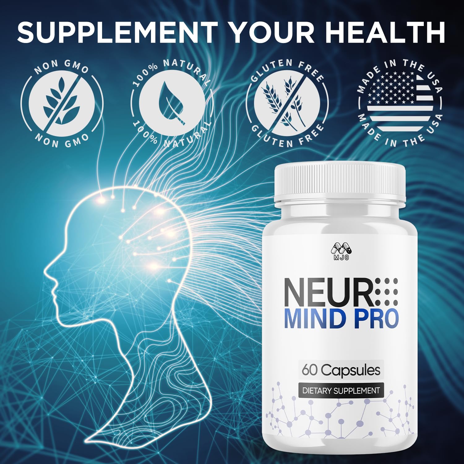 MJO comparación de tamaño de frasco Neuro Mind Pro con objetos cotidianos