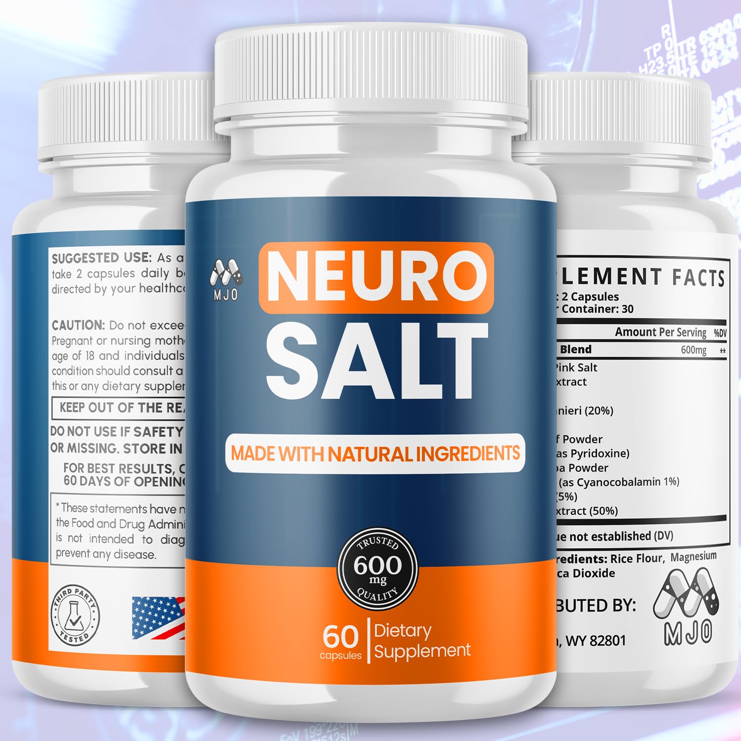 MJO cápsulas Neuro Salt apiladas, detalle de fácil ingestión y conveniencia