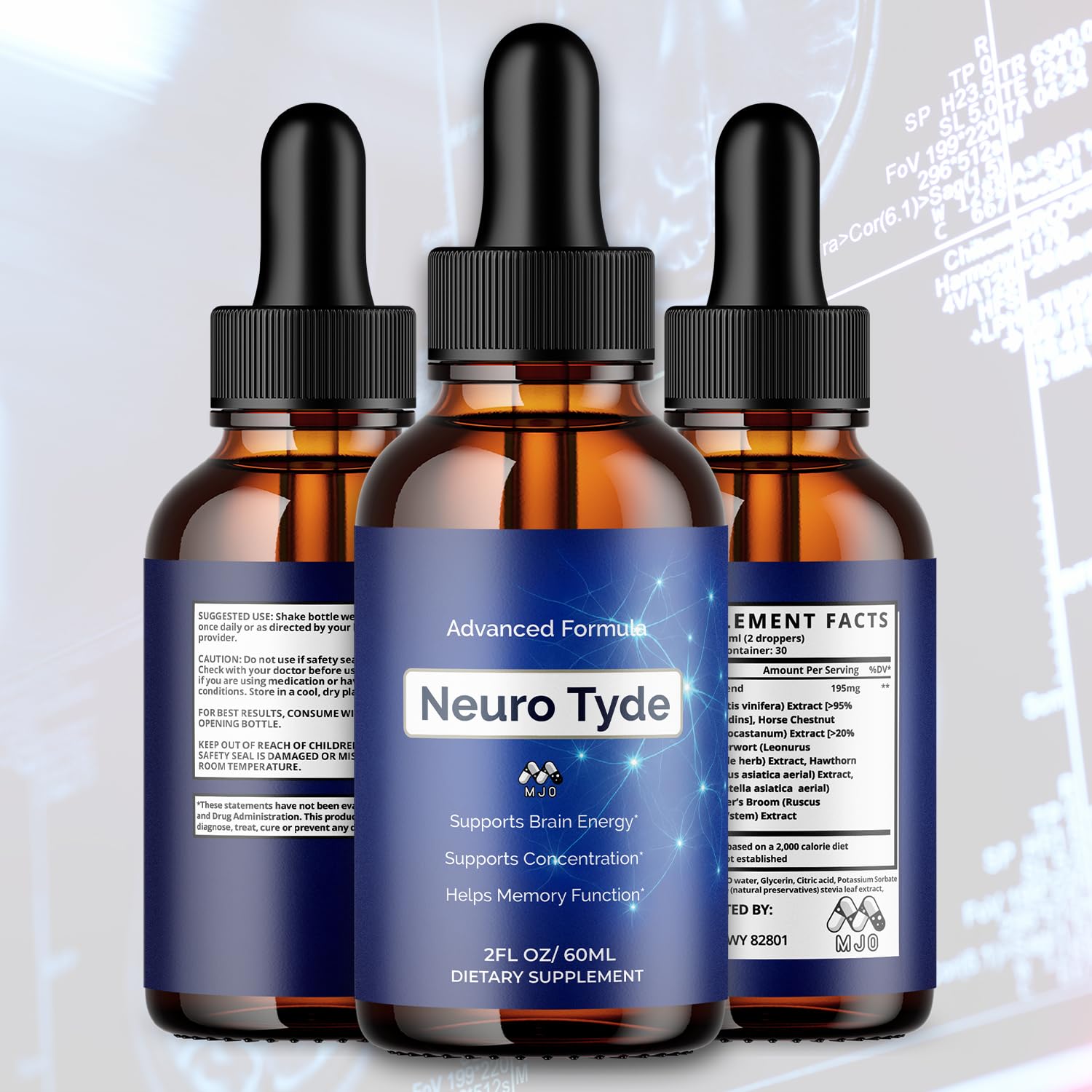 MJO Neuro Tyde Drops etiqueta en detalle, ventaja lectura clara de ingredientes